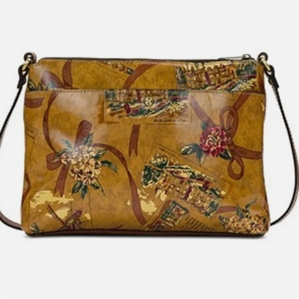Patricia Nash NWT Mustard Brown Print Leather Crossbody Bag